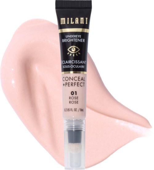 A tube of Milani under-eye brightener concealer on a pink smear.
