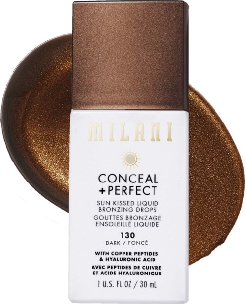 Lippenstiftachtige fles voor Milani Conceal + Perfect Sun Kissed Liquid Bronzing Drops in donkere tint, met bruin en wit ontwerp.