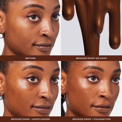 De afbeelding toont een huidverbetering met bronze drop plus moisturizer en foundation voor meer glans en dekking.
