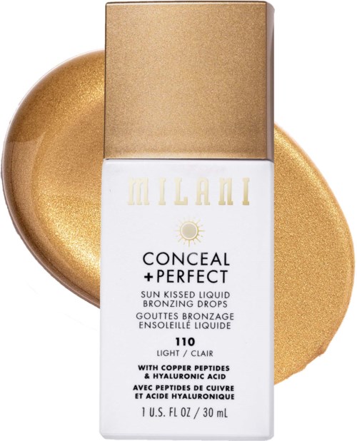 A bottle of Milani Conceal + Perfect sun-kissed liquid bronzing drops, number 110, light with copper peptides and hyaluronic acid.