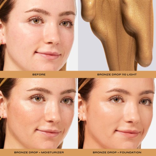 A woman before and after makeup application, showing smoother skin and a more even complexion.