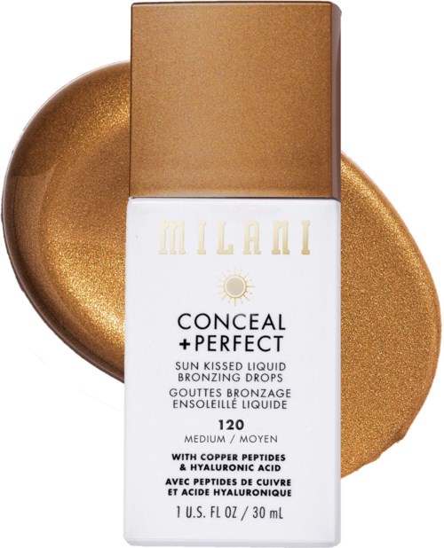 Milani Conceal + Perfect sun-kissed bronzing drops in a white bottle with a gold cap. Gold makeup swatch behind.
