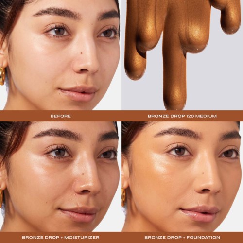 Showcases a woman's face before and after using bronze drop drops, moisturizer, and foundation for glowing skin.