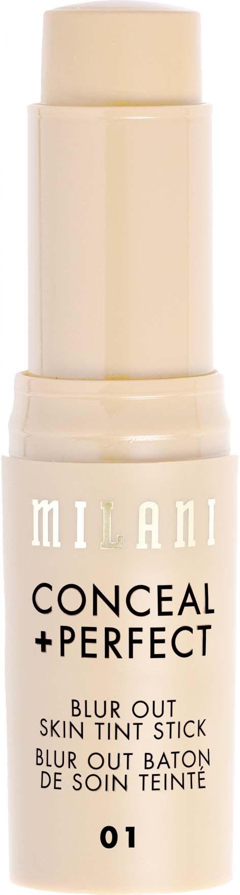 En beige sminkstav av Milani Conceal + Perfect blur out skin tint med förpackningsetikett.