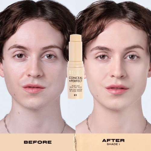 Före- och efterbilder av en kvinna som visar förbättrad hud med concealer och foundation, med en concealerflaska i mitten.