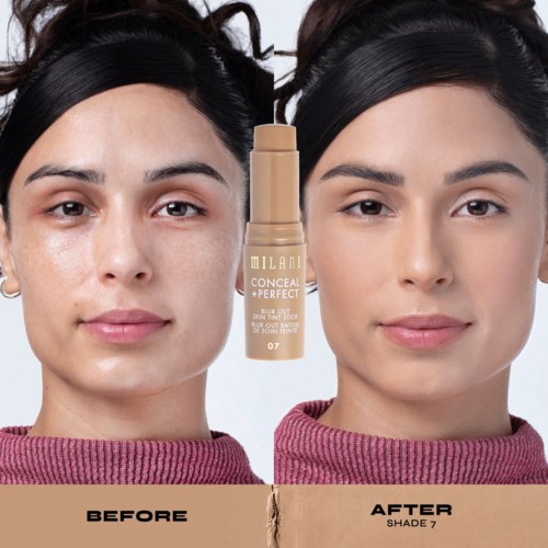 Jämförelse av en kvinnas ansikte före och efter applicering av concealer och perfekt hudtonprodukt.