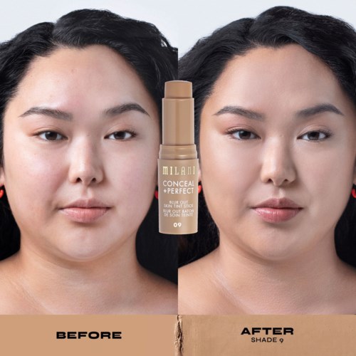 Före och efter bilder av en kvinna som visar hudtonförbättring med Milani Conceal + Perfect foundation.