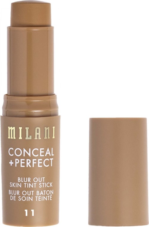 En beige hudfärgad foundationstift med ett beige lock bredvid, märkt Milani Conceal + Perfect blur out skin tint stick.