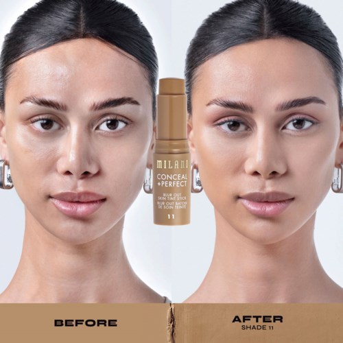 Sidlång jämförelse av en kvinna före och efter att ha använt Milani Conceal + Perfect ansiktsfärgsconcealer, nyans 11.