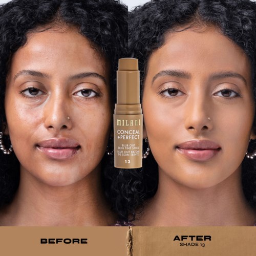 Sida vid sida av en kvinnas ansikte som visar huden före och efter användning av Milani Conceal + Perfect foundation. Huden ser klarare och mer jämn ut efter.