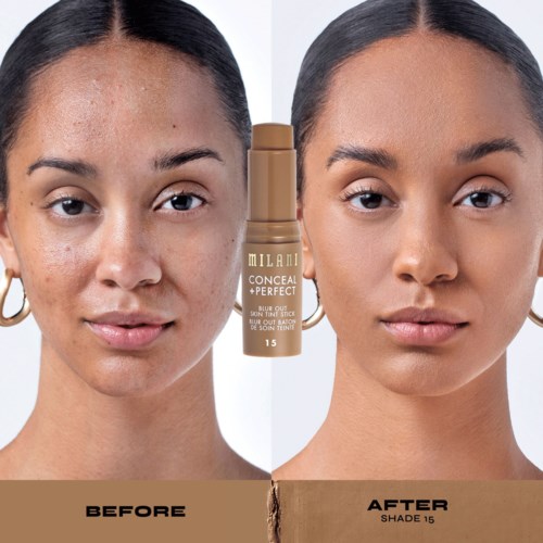 Före och efter bilder som visar att huden är jämnare och täckt med concealer.
