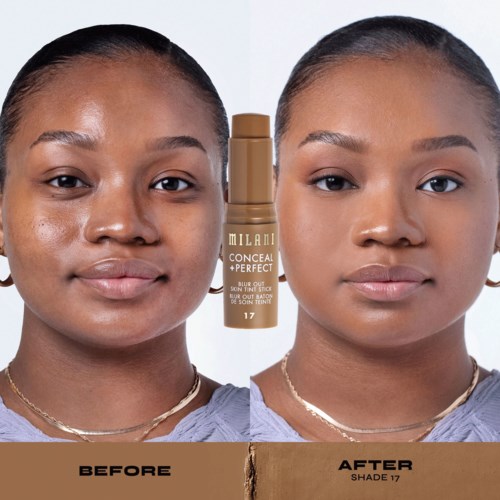 Före- och efterbilder som visar en kvinna med klar hud och en foundationflaska i mitten märkt Milani Conceal + Perfect Shade 17.