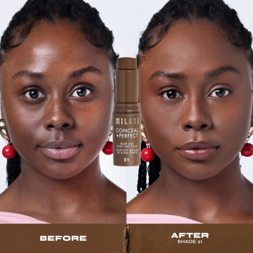 Jämförelse av en kvinna före och efter att ha applicerat Milani Conceal + Perfect foundation i nyans 21.