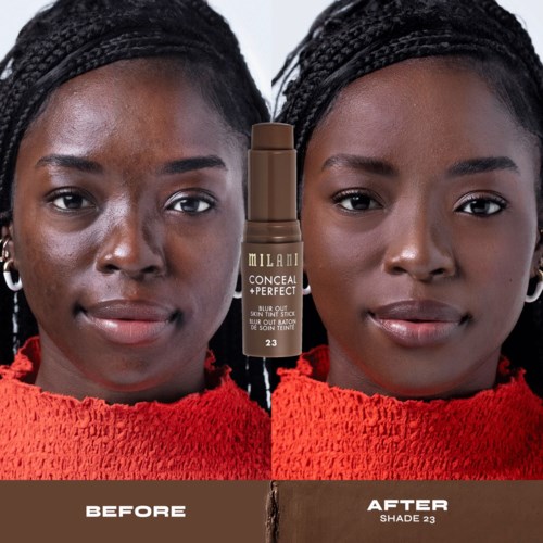 Två bilder sida vid sida som visar en kvinna före och efter att ha använt concealer. Den andra bilden visar en jämnare hudton.