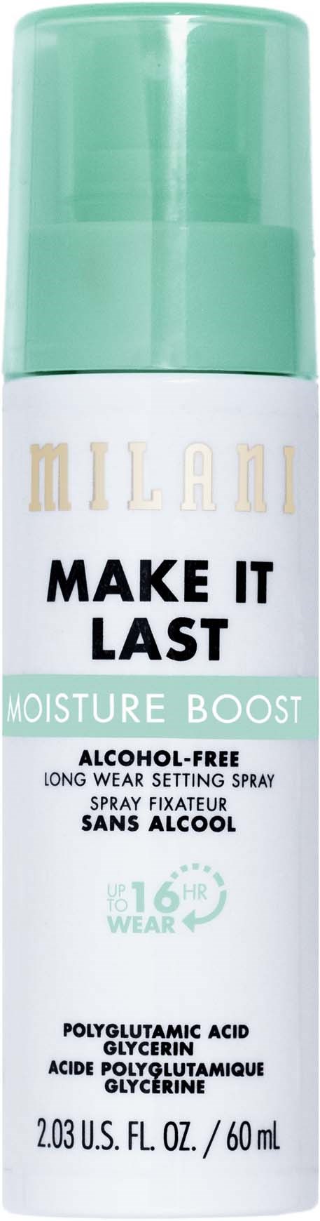 Milani Make It Last kosteuttava kiinnityssuihke vihreällä kannella, alkoholiton, 60 ml, pitkäkestoinen.