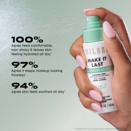 Kädessä spraypullo Milani Make It Last -kiinnityssuihke, joka sisältää ihoetuja ja tuoteominaisuuksia.