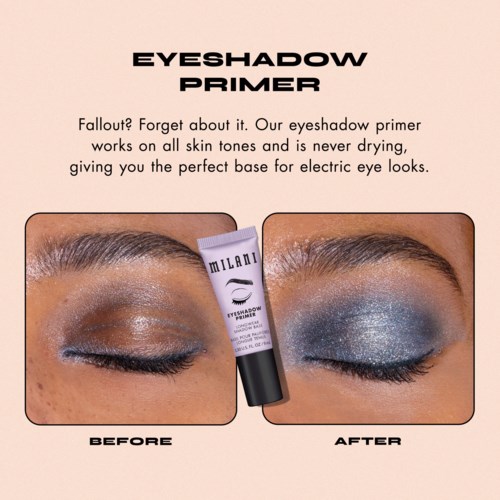 Een make-up primer met twee oogafbeeldingen, voor en na het aanbrengen, die verbetering van oogmake-up laten zien.
