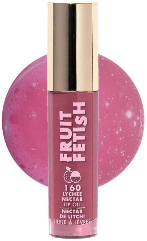 Een roze lipgloss met een glanzende zilveren dop, met het label "Fruit Fetish" en "160 Lychee Nectar."