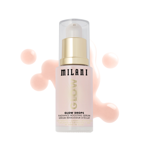 En rosa flaska med vit pump, märkt Milani GLOW Drops, omgiven av rosaaktiga bubblor.