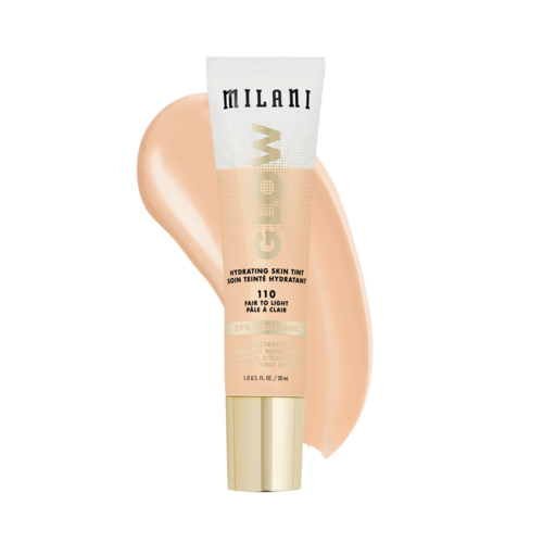 En beige tube med Milani hudpleieprodukt med etikett, delvis åpen, som viser produktet og en prøve av det.
