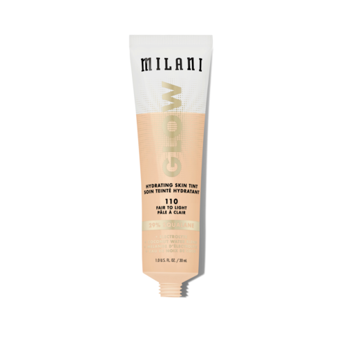 En tube med Milani Glow Hydrating Skin Tint, lys nyanse, 110, 15 ml, fuktighetskrem med glød-effekt.