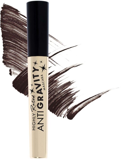 En beige tub med mascara med svart lock, märkt 'Anti Gravity' och svarta streck i bakgrunden.