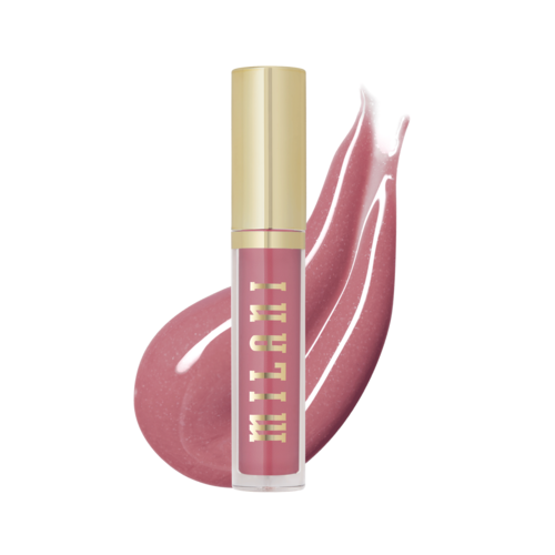 Leppeglansrør med rosa farge og gullhette, med en virvel av gloss bak det.