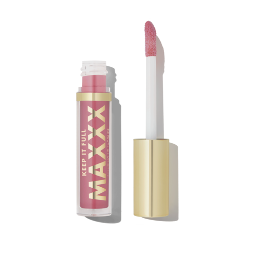 En lipglossrør med rosa farge og gullhette, viser applikatoren med rosa gloss.