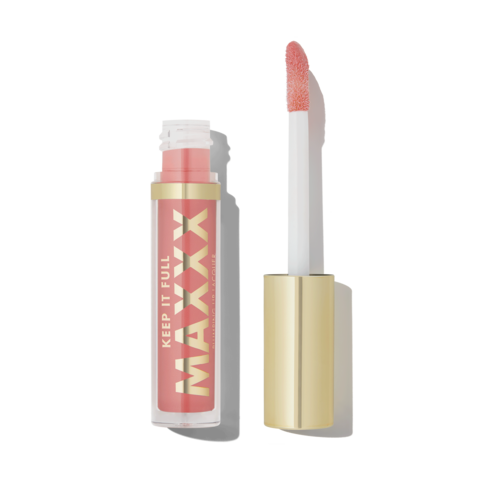 Leppglansrør åpent, viser rosa gloss med hvit og gullhette, emballasjen sier "KEEP IT FULL MAXXX."