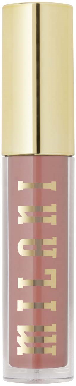 En läppglansrör med guldkapsel och rosa glans inuti, logotyp och produktnamn på röret.