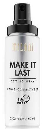 A white spray bottle labeled 'Make It Last' with black cap and gold lettering, used for setting makeup.