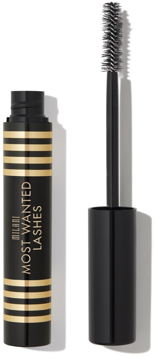 A tube of mascara with a black cap and black and gold stripes, with the wand next to it.