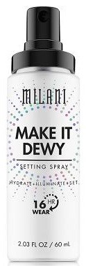 En vit sprayflaska med svart lock, märkt "Make It Dewy" för sminkinställning, innehåller 60 ml produkt.