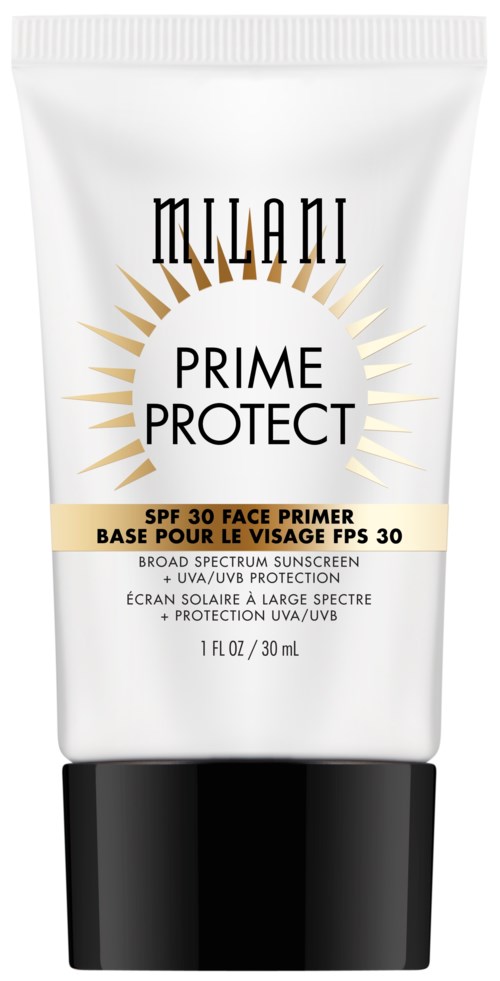 Milaani Prime Protect SPF 30 kasvojen meikkiemulsio, valkoinen ja musta kansi, kultainen auringonsäde.