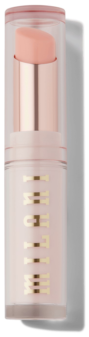 Lichtroze lippenstift in doorzichtig omhulsel met gouden letters. Lippenstift is licht opgedraaid en zichtbaar.