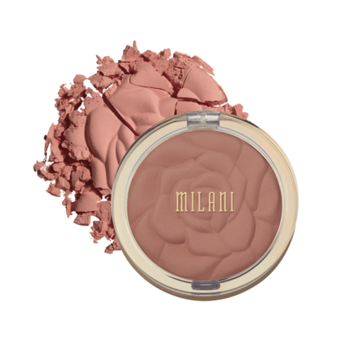 Een compacte make-up met een roze tint, bloemmotief en de merknaam "Milani" op deksel.