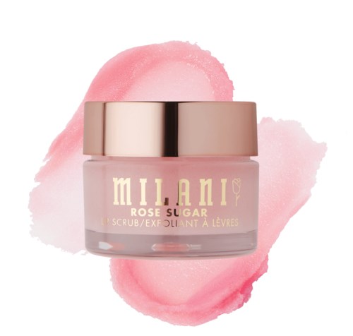 Een klein roze potje met 'Milani Rose Sugar' op het label en een glanzende zilveren deksel, omgeven door roze aquarel.