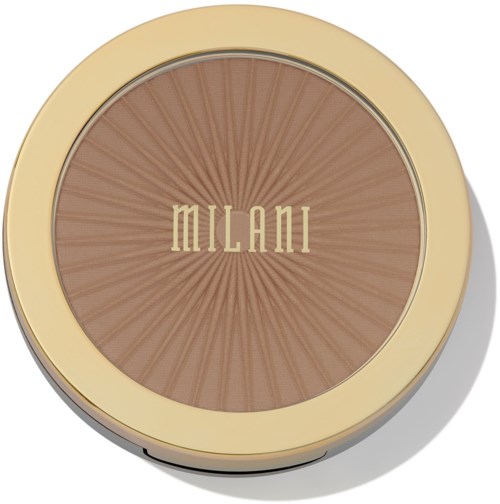 Milani compact powder with a sunburst design and beige packaging.
