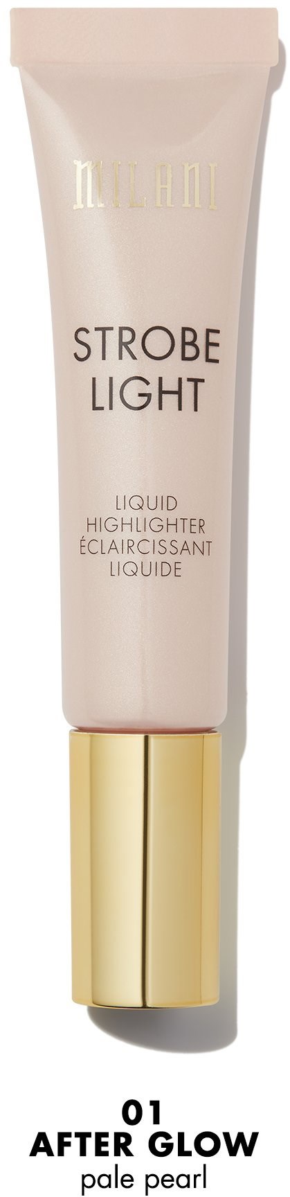 En tub med highlighter som heter Strobe Light, märkt 'After Glow,' med guldkapsel och ljusrosa kropp.