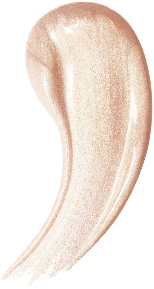 En beige, böjd makeupborste med mjuka borst. Den verkar användas för att applicera puder eller rouge.