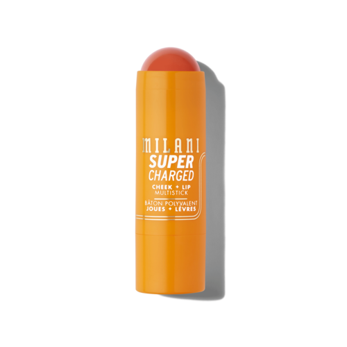 Huulikiilto keltaisessa ja oranssissa pisteessä, jossa lukee "Milani Super Charged Cheek + Lip Multistick."