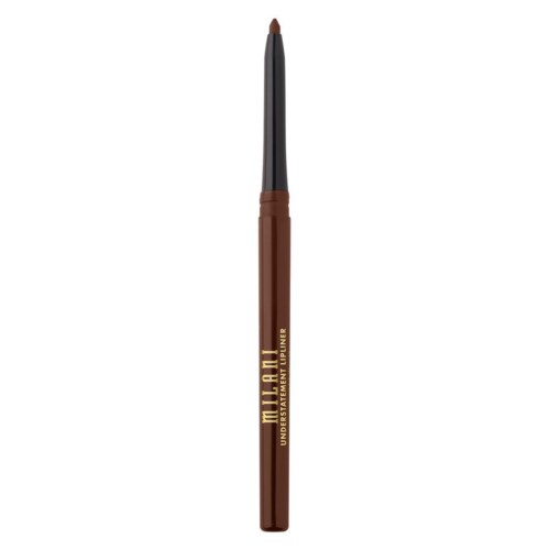 En brun ögonbrynspenna med spetsig spets, märkt "mülan" och "UNDER-EYEBROW PENCIL" i guldbokstäver.