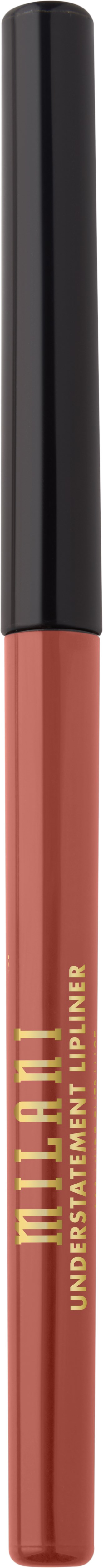 En lång, smal makeup-lipliner eller läppstift med svart topp och rosa-röd botten med guldskrift.
