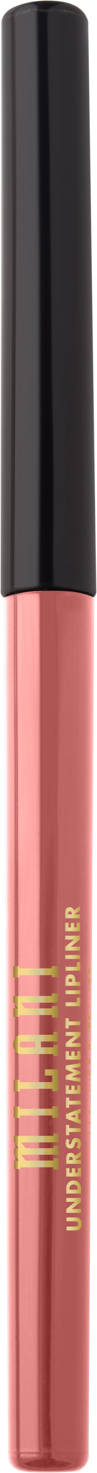 Een roze lipglosshuls met een zwart deksel en gouden tekst, aangeduid als Milani Undetectable Lip Plumper.