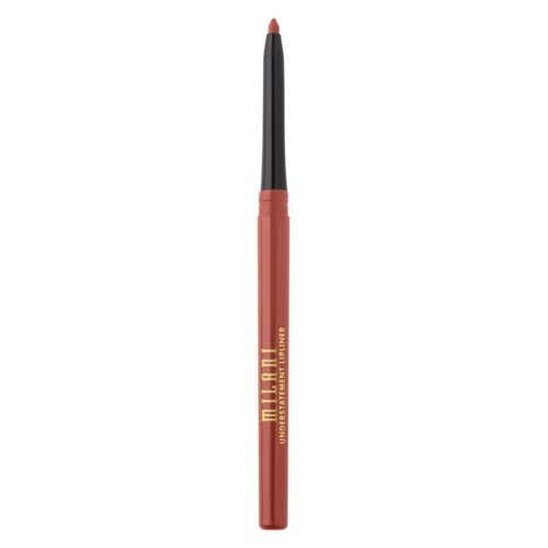 En brun makeupborste med svart spets och en ljusbrun handtag märkta 'MILANI' och 'UNDERNEATH BLUSH'.