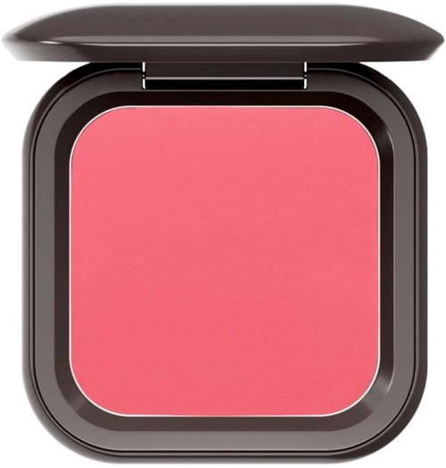 En rosa blush pressed powder-kompakt med svart fodral och öppet lock.