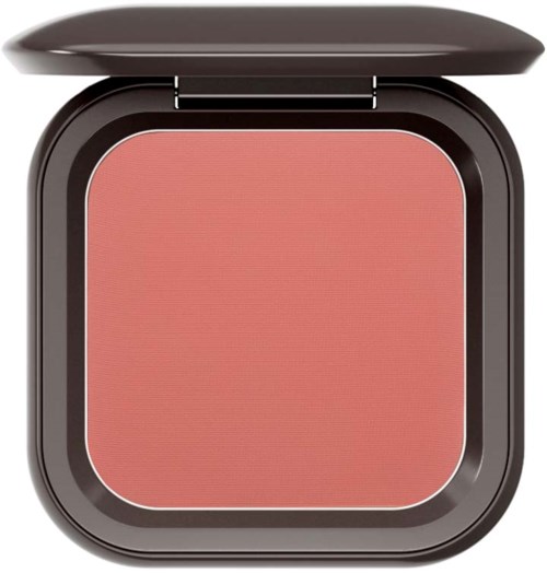 Roze blush in een zwarte compactdoos met een deksel die opent. Compacte make-up.