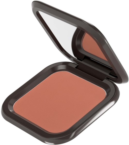 En liten plastlåda med beige blush och ett litet spegel i locket.