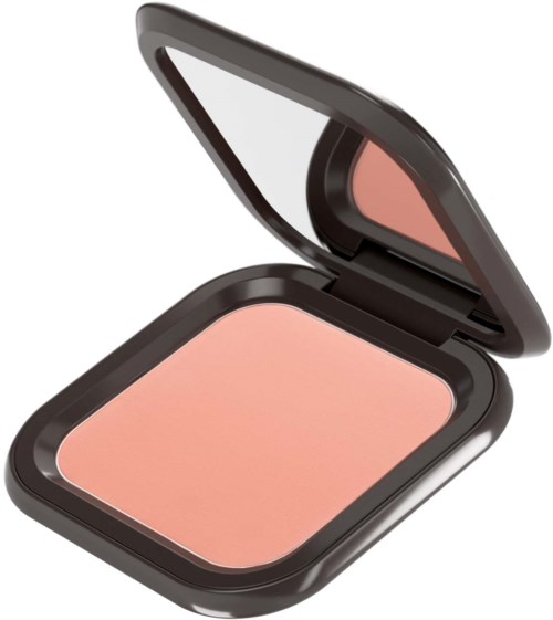 En kompakt sminkask med spegel, innehållande ljusrosa rouge eller puder.