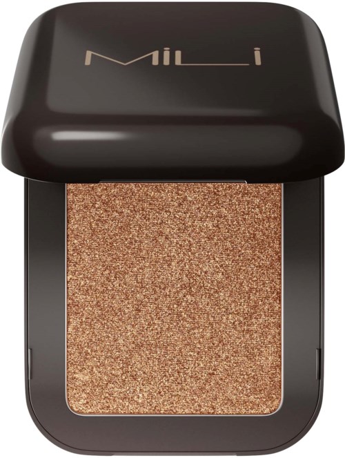 Ein kompaktes Make-up-Produkt mit glänzend schwarzer Deckel und schimmerndem braunem Lidschatten.
